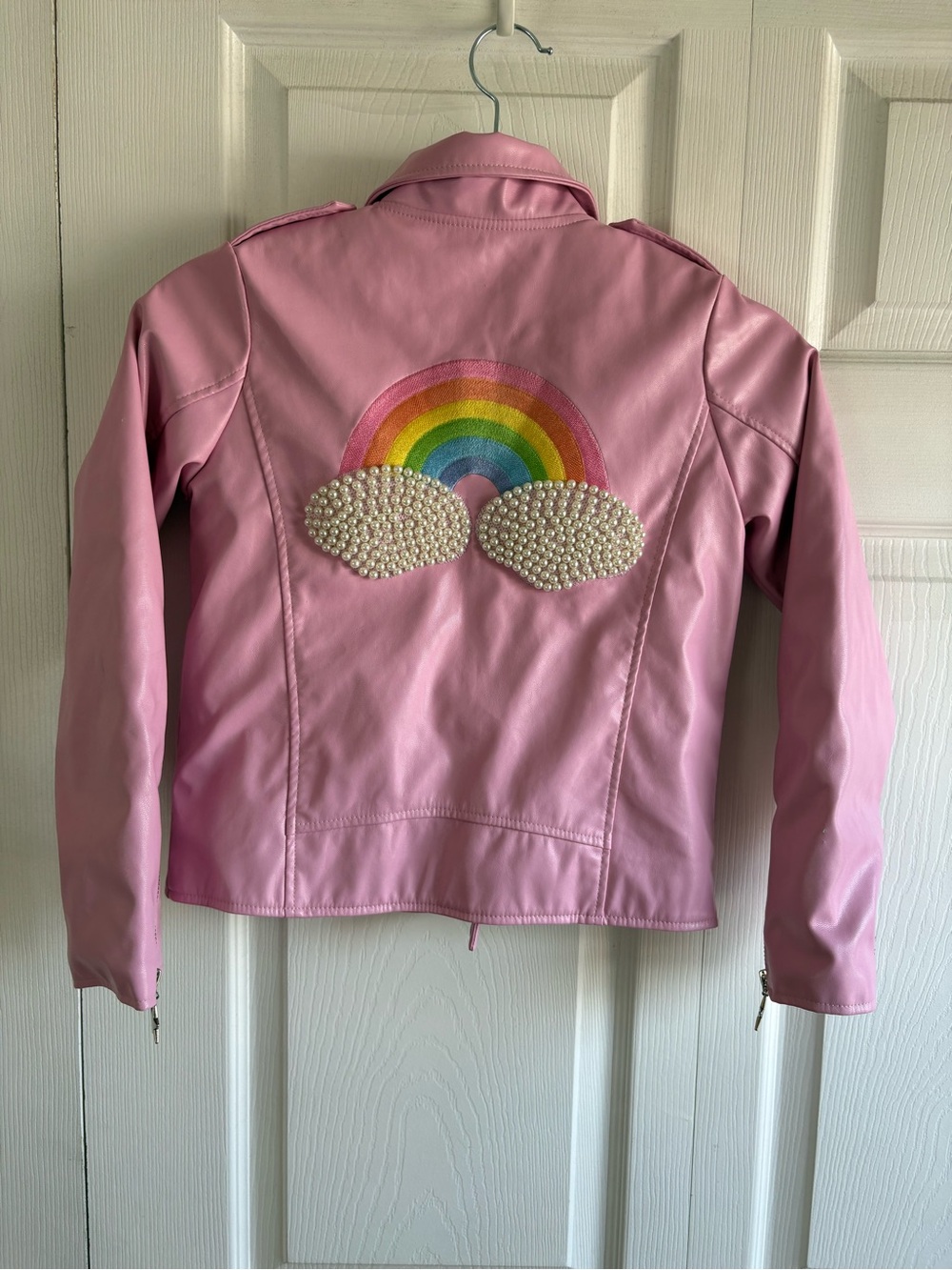 Lola The Boys Vegan Leather Moto Bike Jacket Baby Blue Pearl Rainbow 10 Preppy